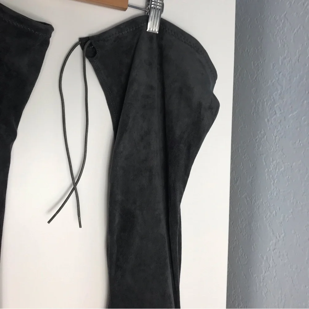 NWOT Gray Faux Suede Over the Knee Boots | Block Heel Tie Back Zip | Fall Winter